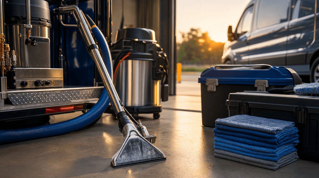 Professional cleaning equipment arranged on a service-bay floor at golden hour