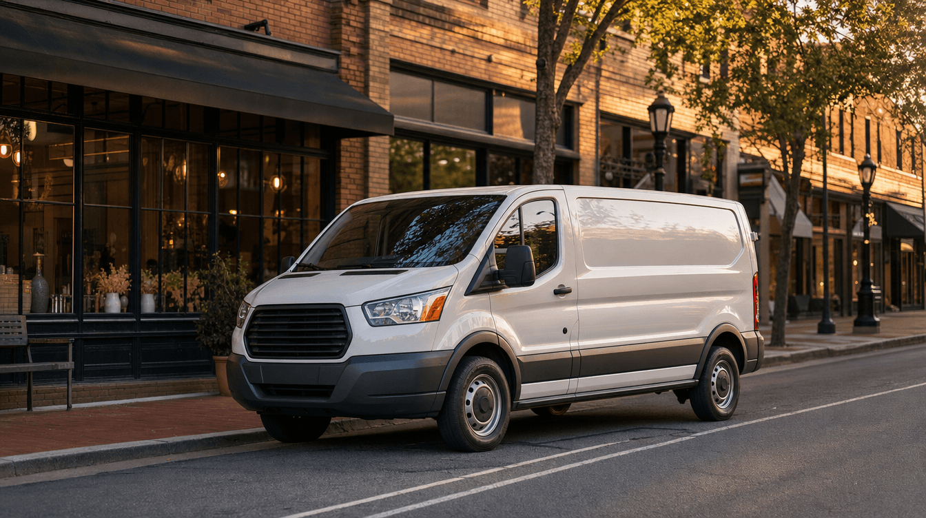 Service van at a charming downtown Charlotte storefront at golden hour