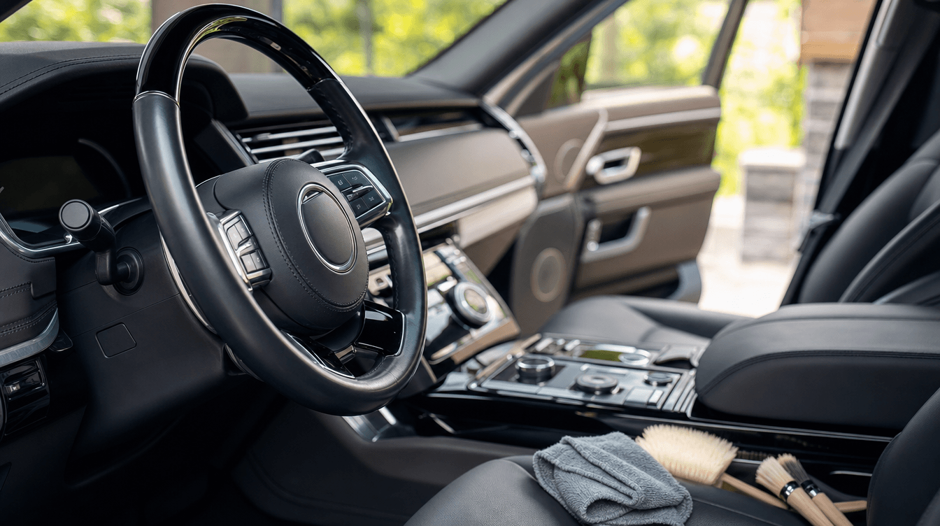 Close-up of a freshly detailed luxury vehicle interior dashboard