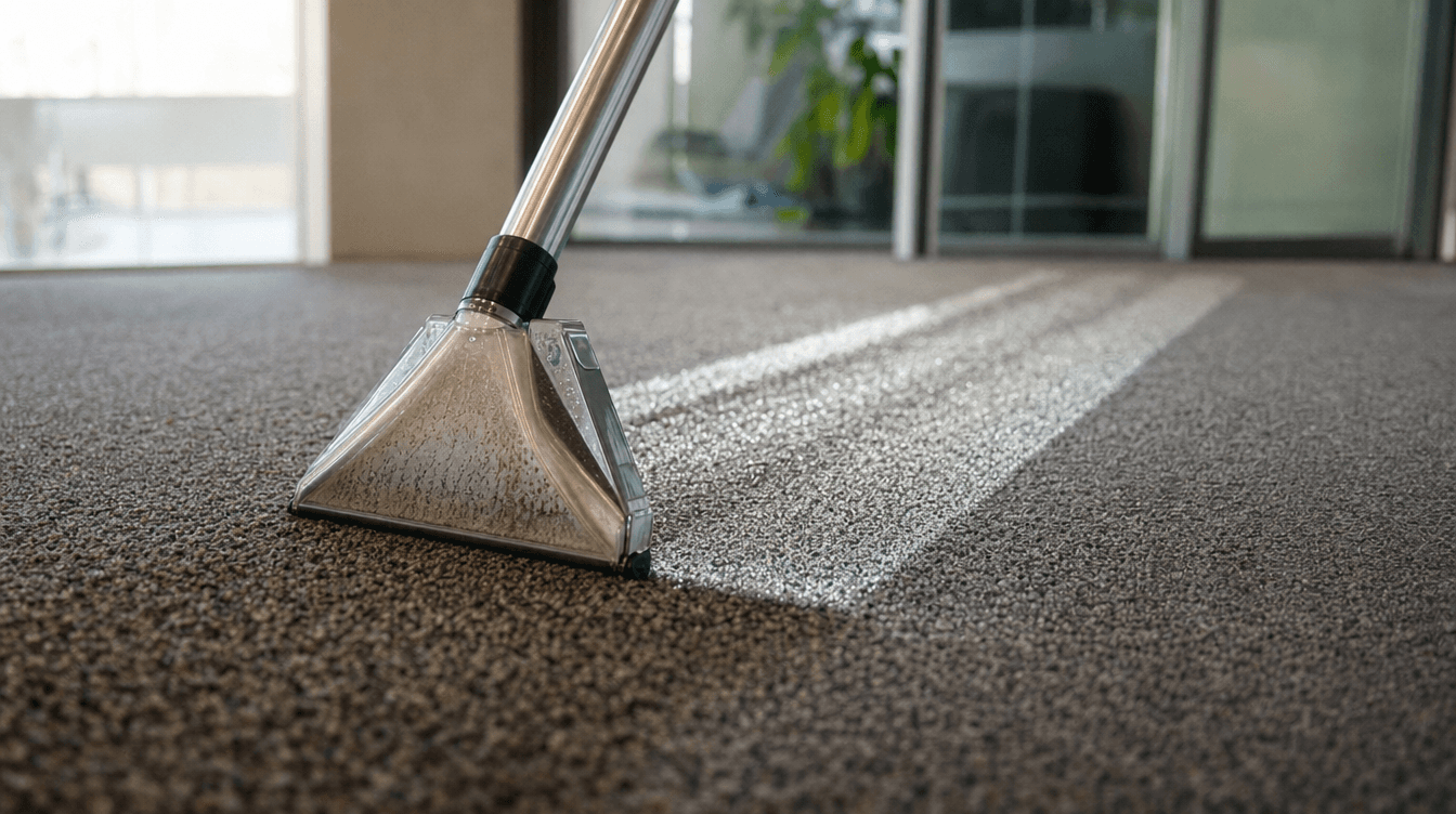 Close-up of a commercial carpet extraction wand with clean/dirty contrast