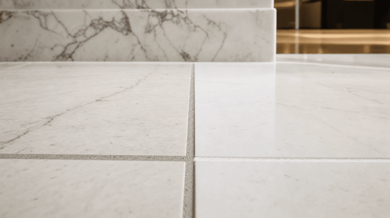 Restored corporate lobby grout showing dramatic before/after contrast
