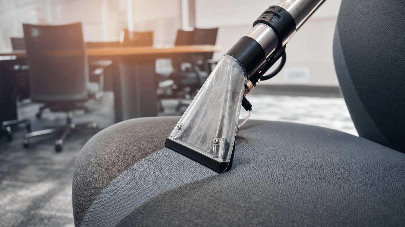 Close-up of a corporate task chair being spot-cleaned with an upholstery tool