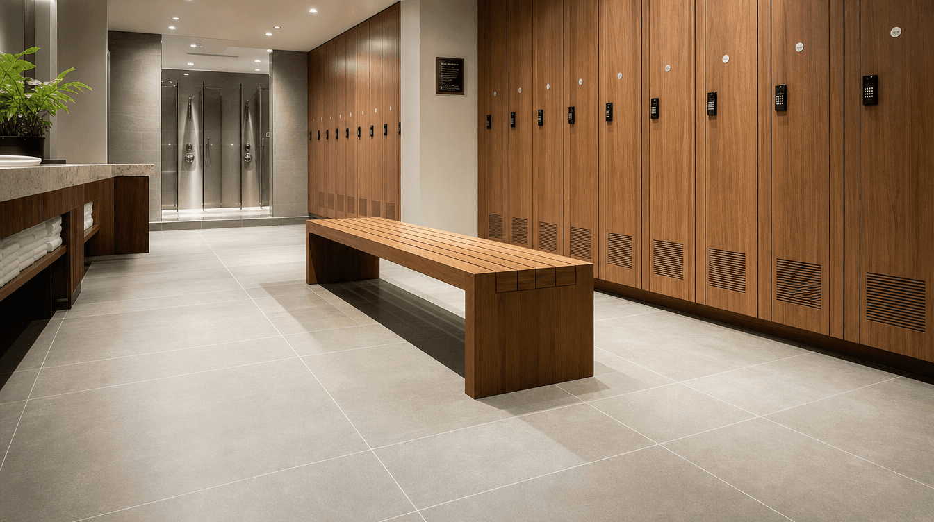Clean gym locker room with porcelain tile and wooden lockers
