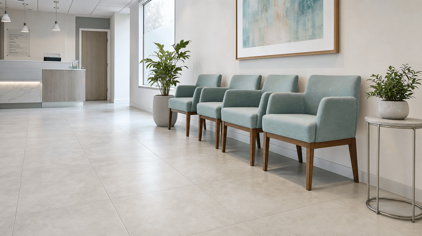 Bright medical clinic waiting area with porcelain tile and teal seating