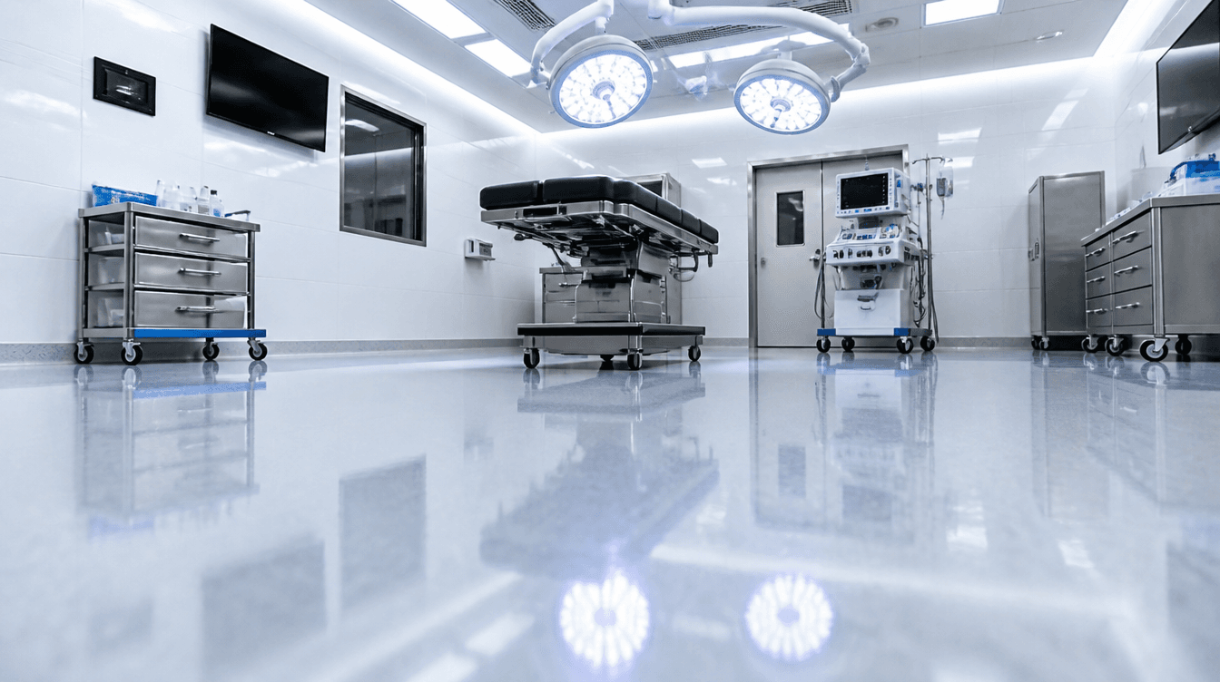 Modern hospital operating room with polished epoxy floors and surgical lights