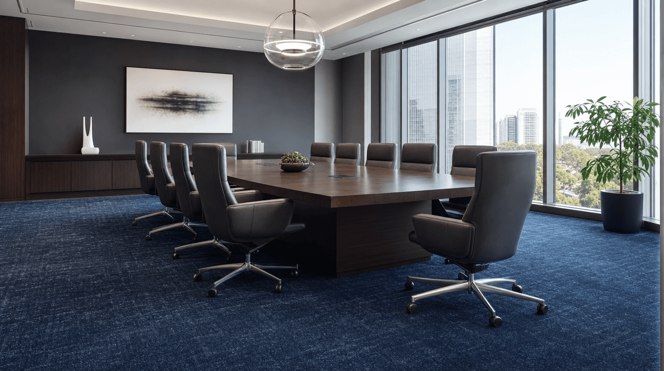 Executive conference room with navy commercial carpet and leather chairs