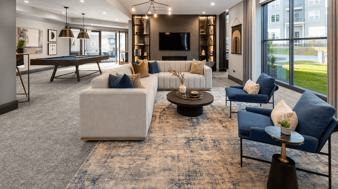 Apartment clubhouse lounge with plush carpet and modern furniture