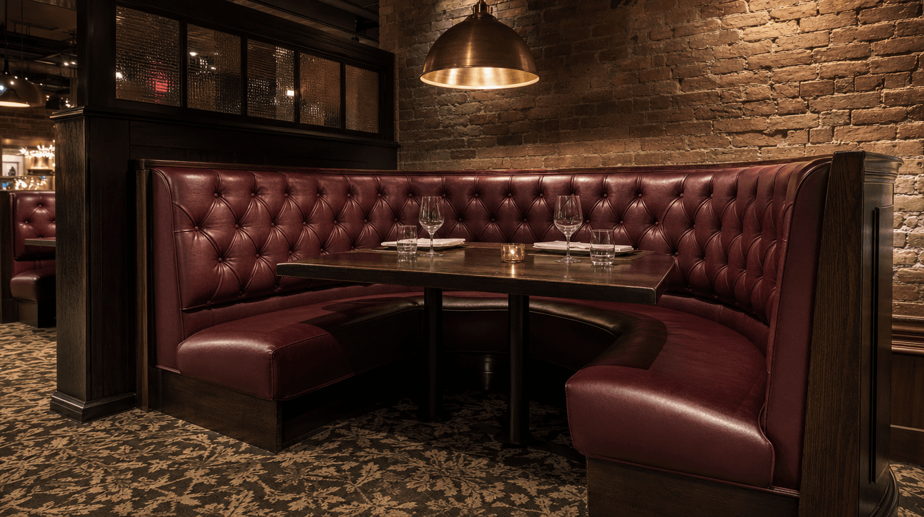 Restaurant booth with burgundy leather upholstery and patterned carpet