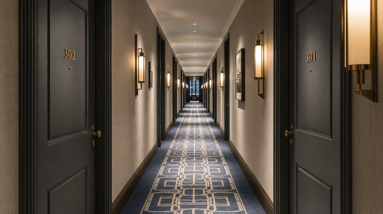 Boutique hotel corridor with patterned runner carpet