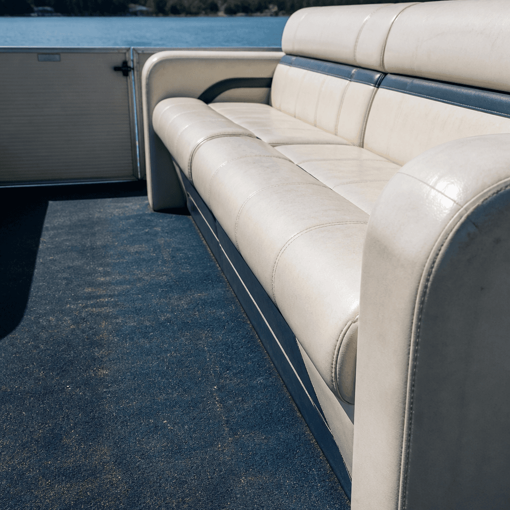 Pontoon boat indoor carpet and marine vinyl bench seats