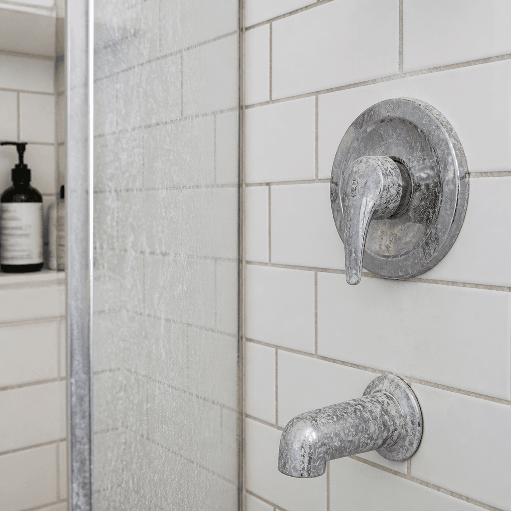 Hard-water mineral buildup on shower glass, fixtures, and grout