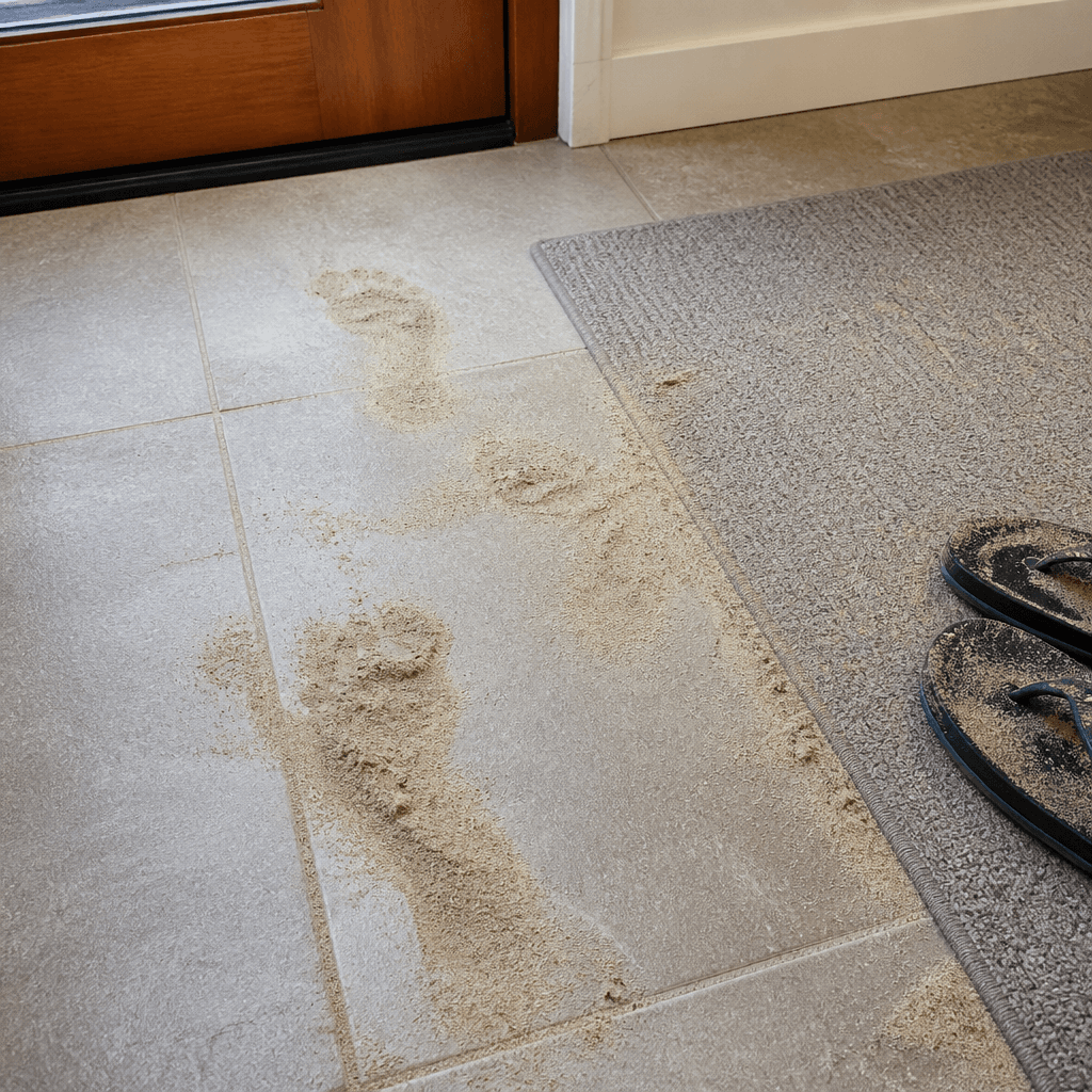 Sandy footprints across an entryway tile and carpet runner