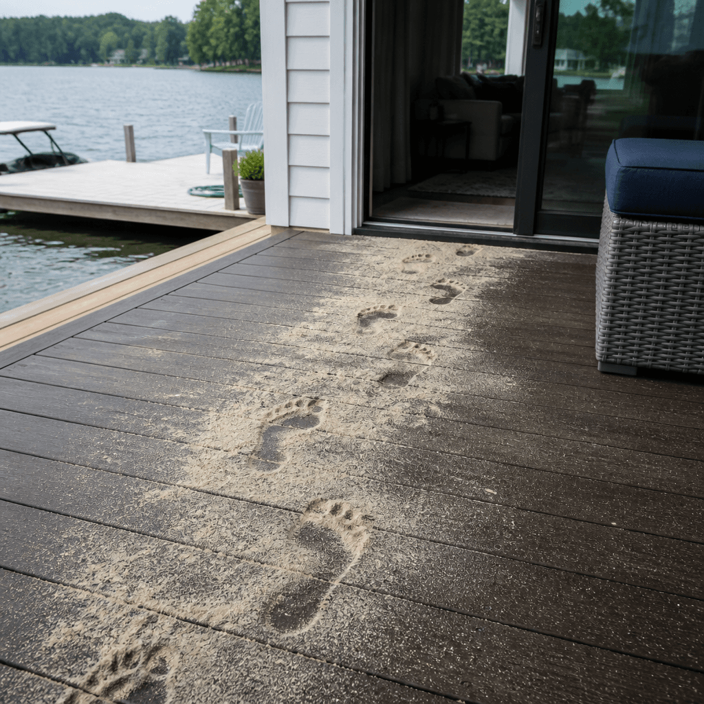Sandy lakeside back porch with footprints leading to a glass door