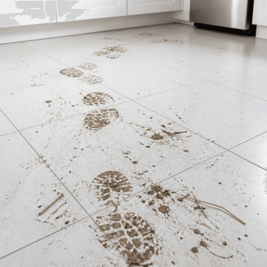 Muddy barn-boot prints on a clean white kitchen tile floor