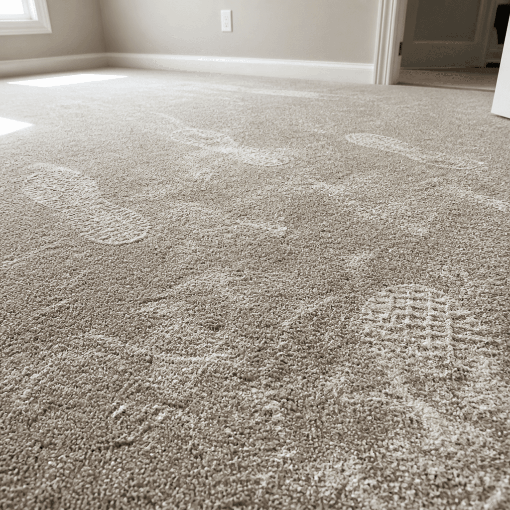 White drywall dust and construction grit settled into new carpet