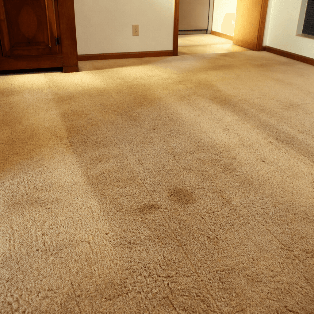 Worn faded beige carpet with traffic lanes in an older 1980s home