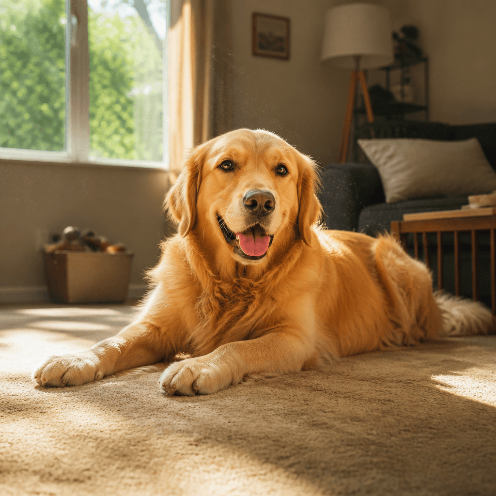 Golden retriever lying on residential carpet in a sunny room