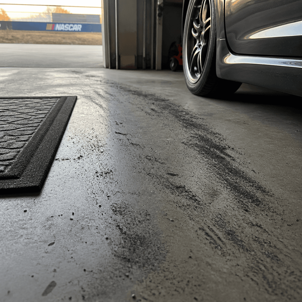 Garage floor with tire residue and race-weekend dust