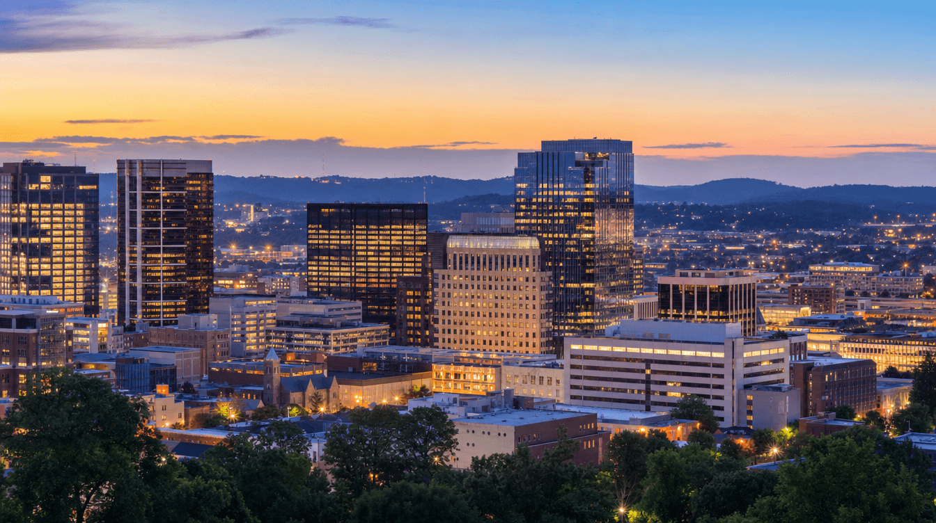 Birmingham AL downtown skyline at dusk with hills in background