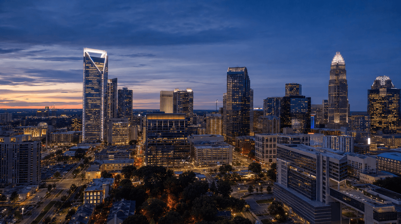 Uptown Charlotte NC business district skyline at dusk