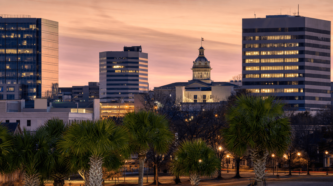 Downtown Columbia SC at dusk with state-capitol-style dome and palmetto trees