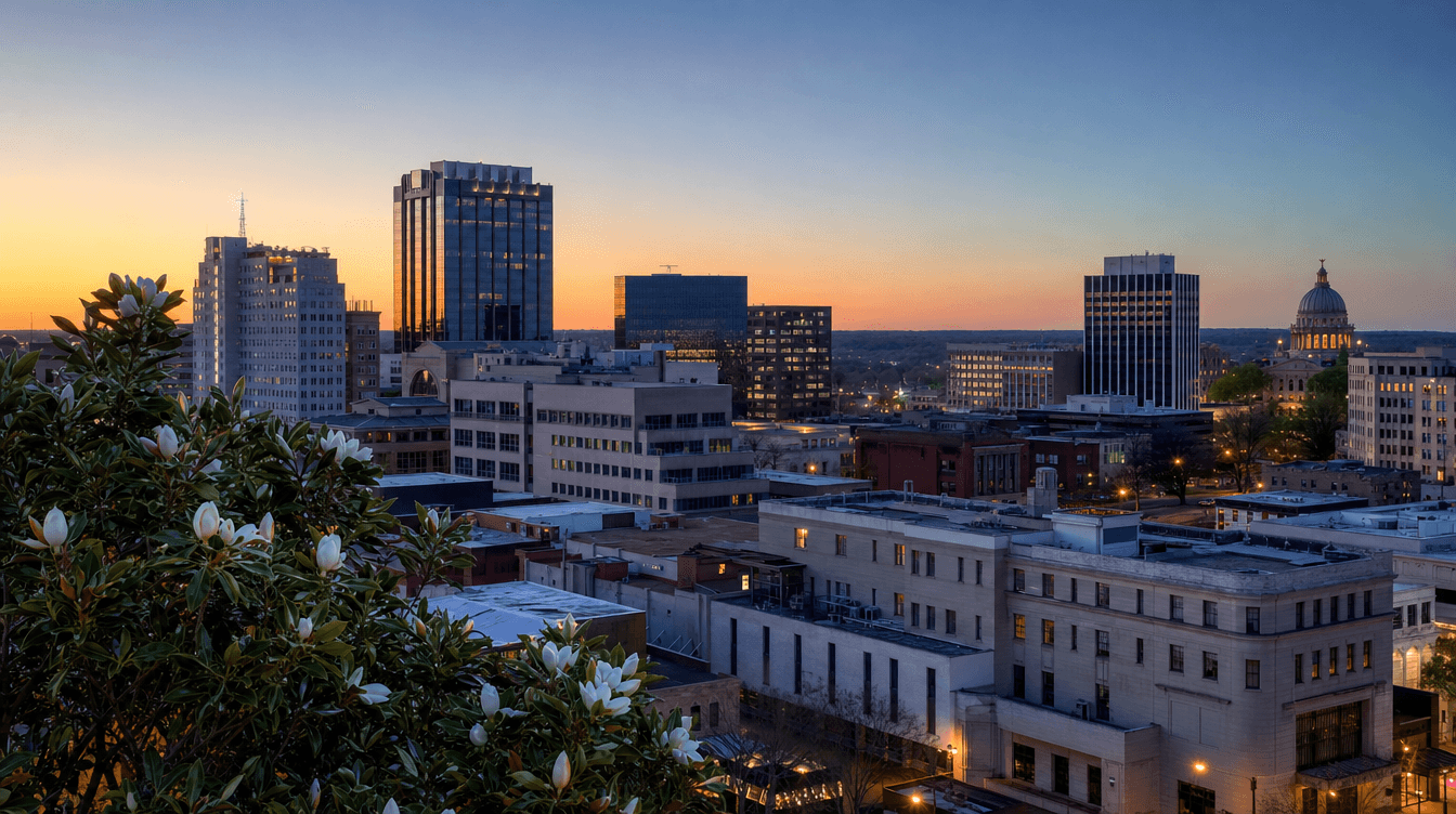 Downtown Jackson MS at dusk with state-capitol-style dome and magnolias