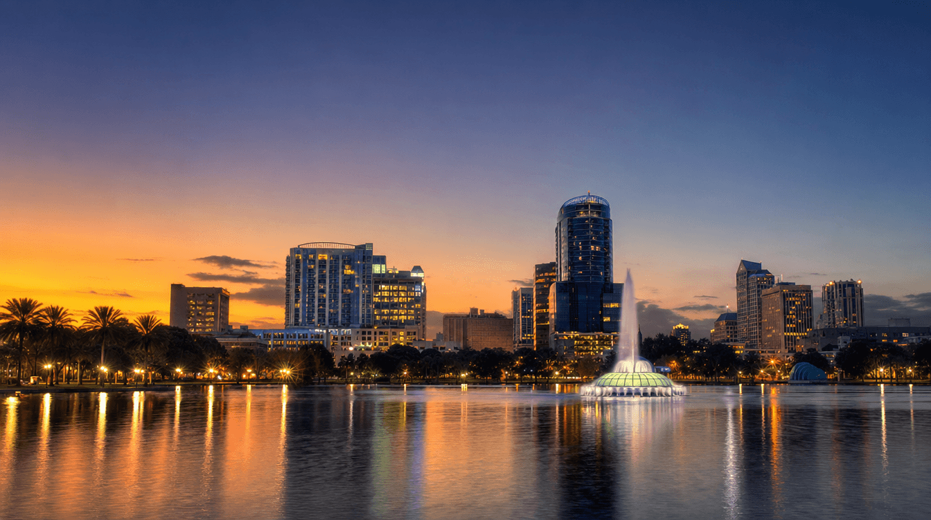 Downtown Orlando FL skyline at dusk with Lake Eola in foreground