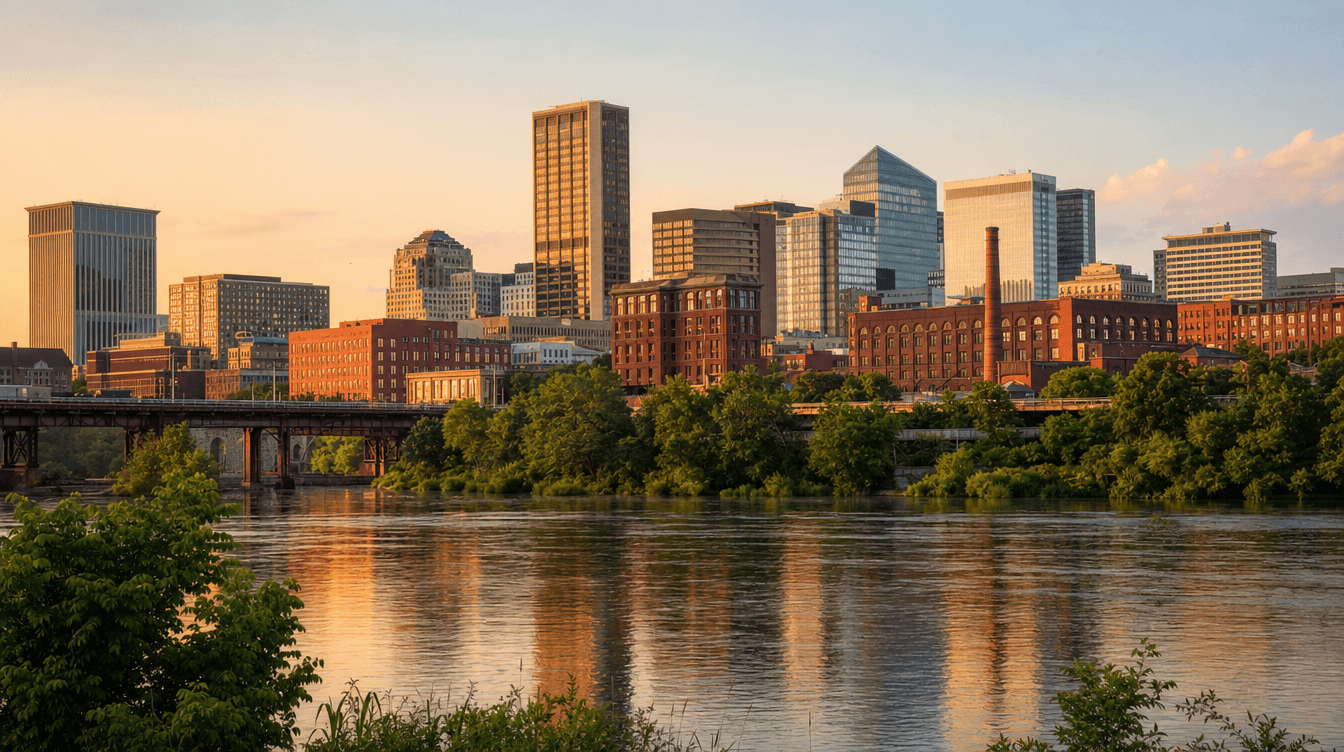 Richmond VA downtown skyline at golden hour across the James River