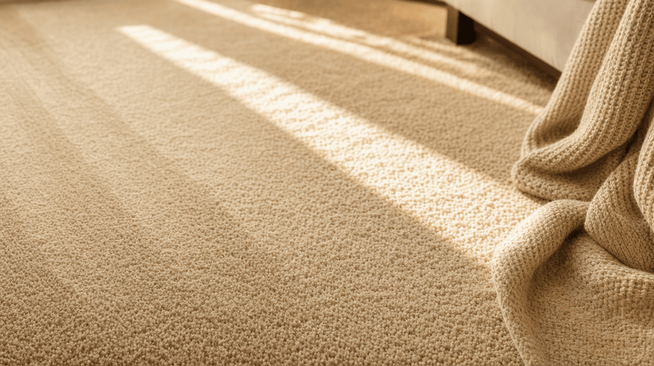 Close-up of plush beige bedroom carpet with fresh extraction stripes