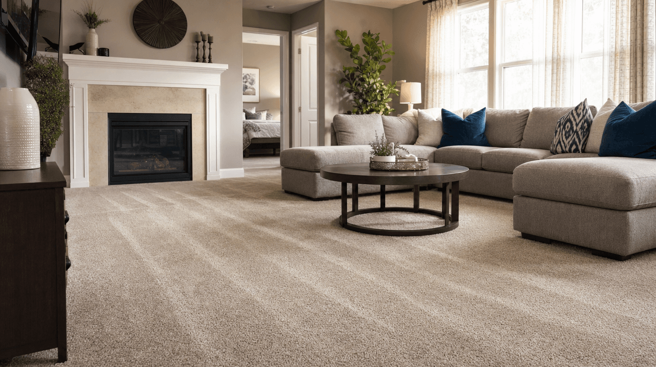 Freshly cleaned residential carpet in a cozy living room