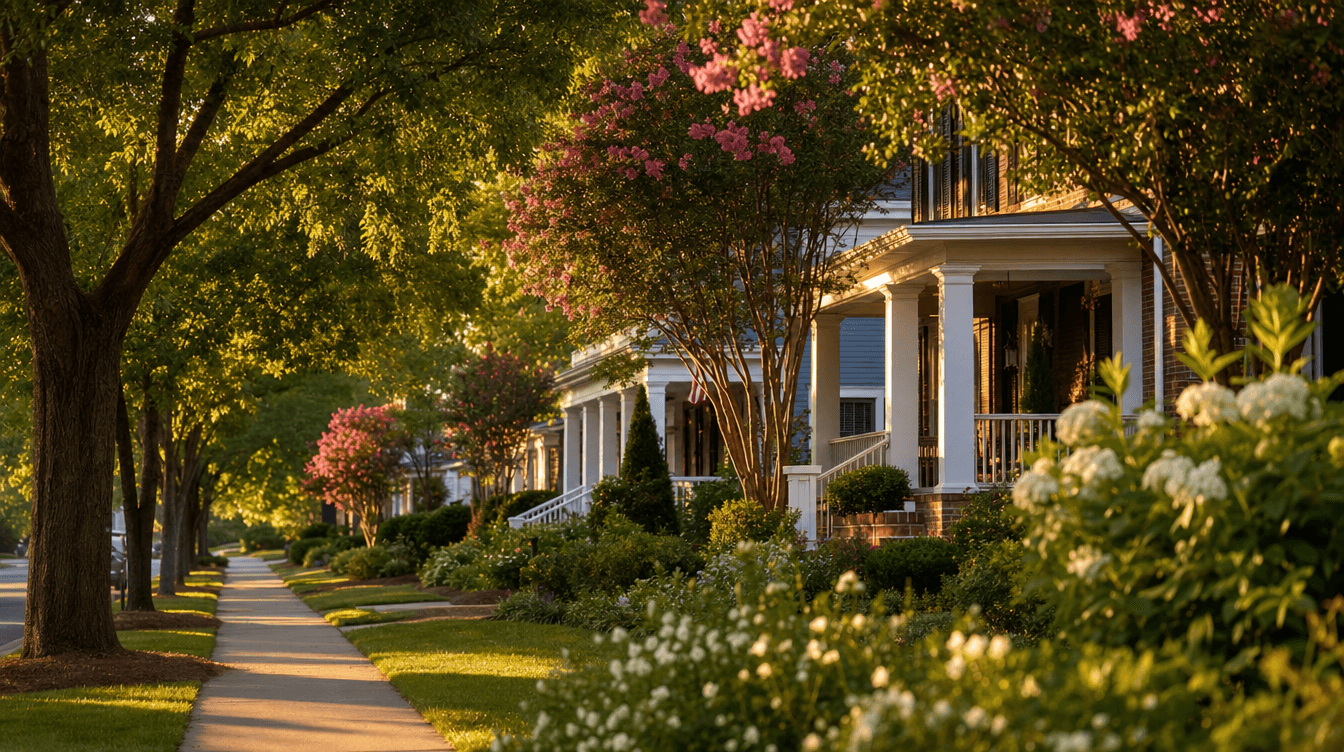 Tree-lined residential street in Fort Mill SC at golden hour