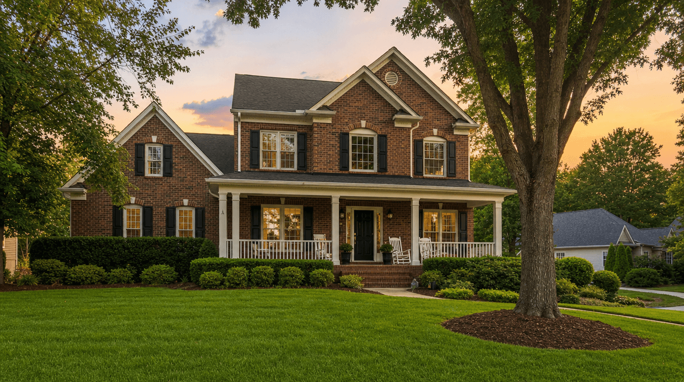 Charlotte-metro suburban home exterior at golden hour