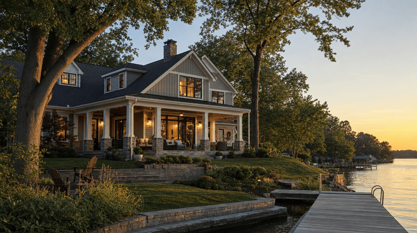 Lakefront home in Huntersville NC near Lake Norman at golden hour