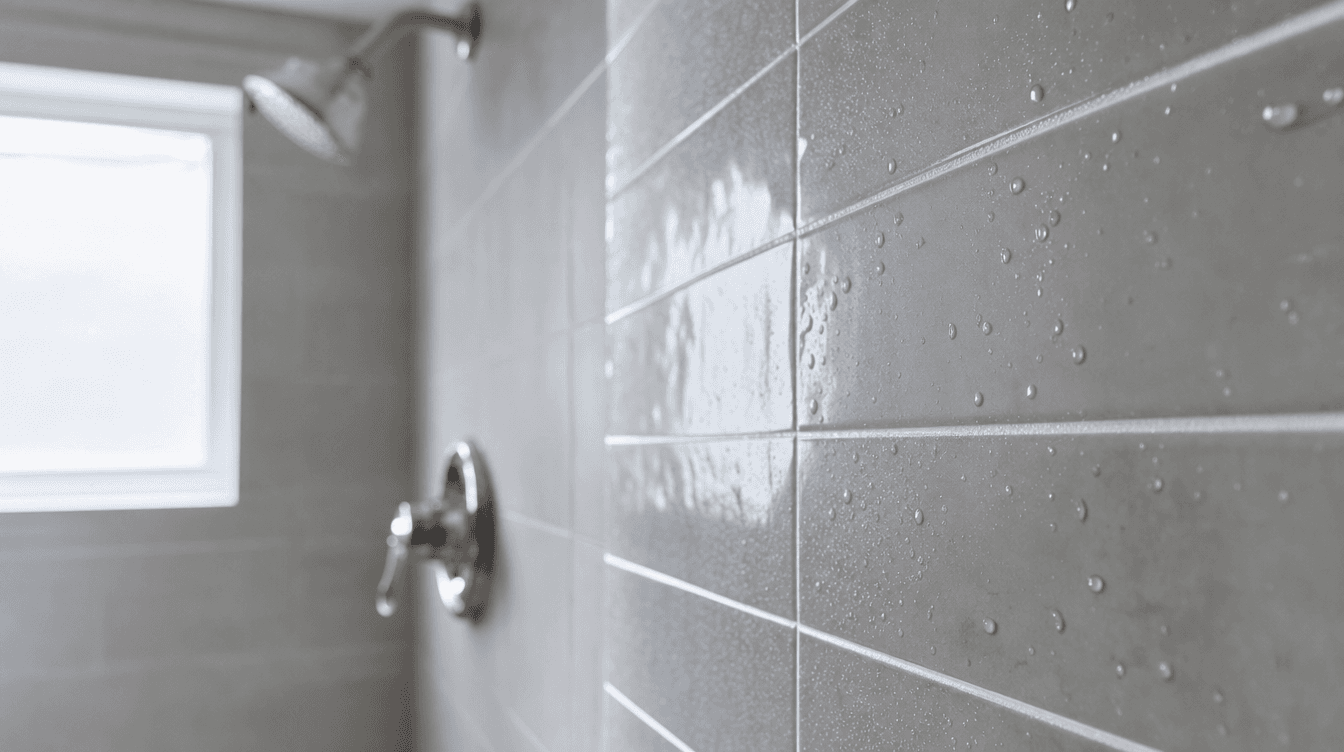 Close-up of freshly cleaned shower tile with bright white grout