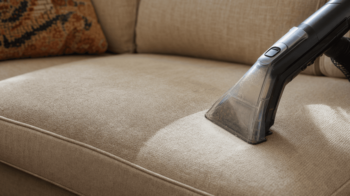Close-up of a fabric sofa cushion being spot-cleaned