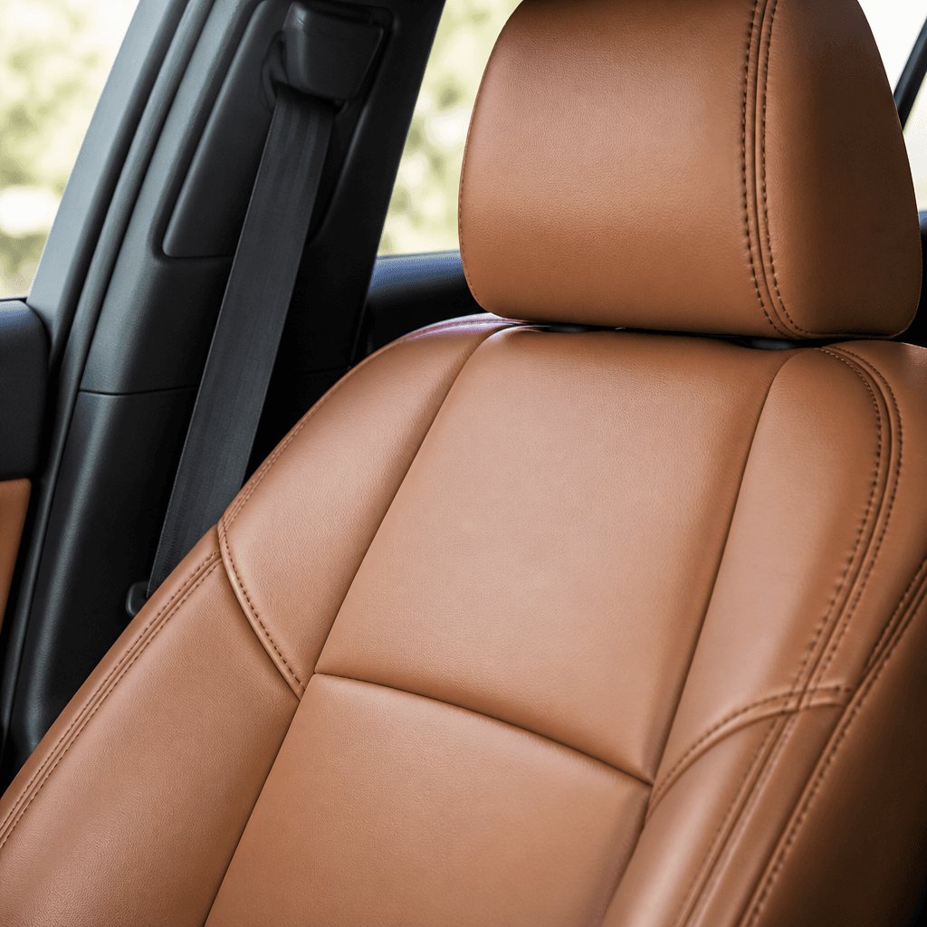 Freshly conditioned tan leather car seat