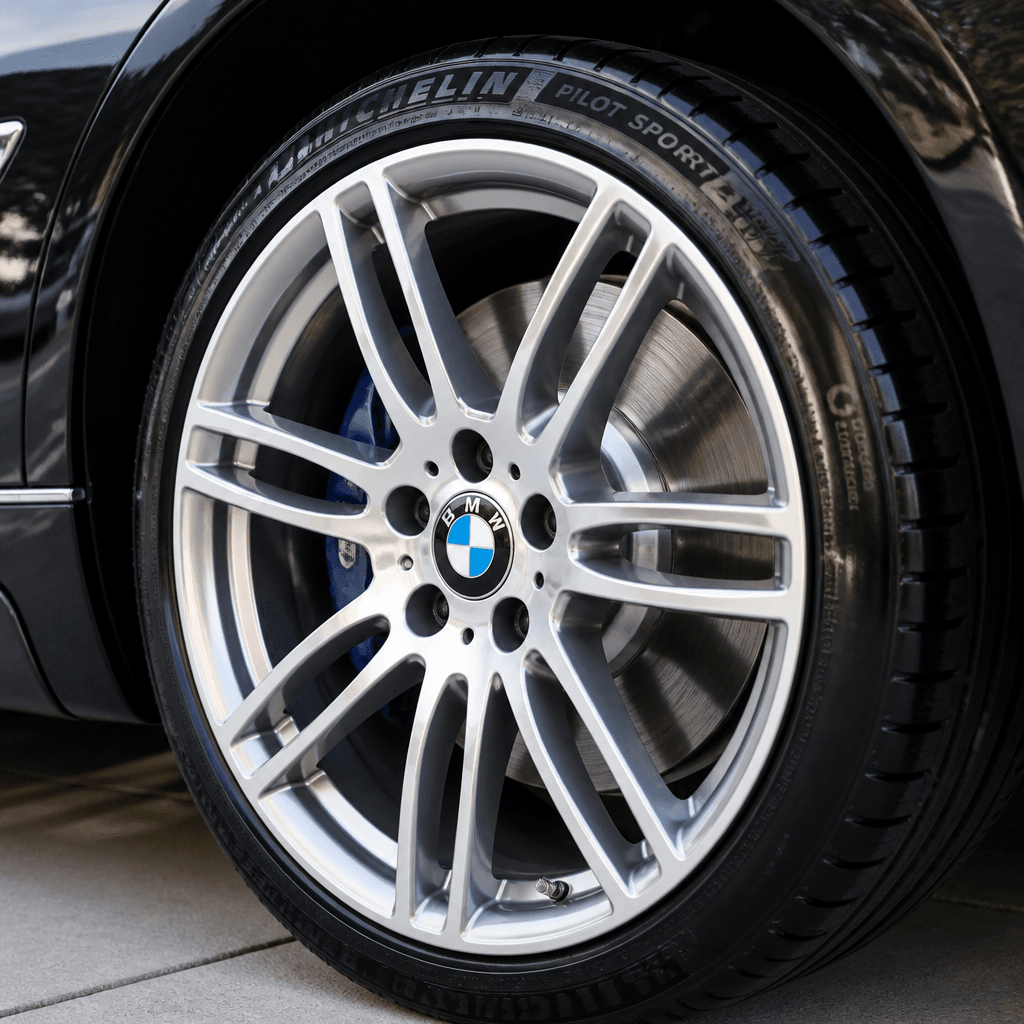 Detailed alloy car wheel with polished spokes and dressed tire