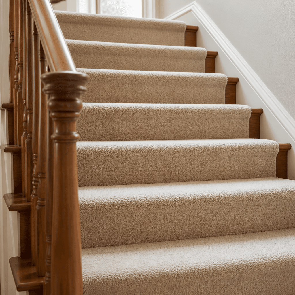 Residential carpeted stairs with cream plush carpet and wood banister