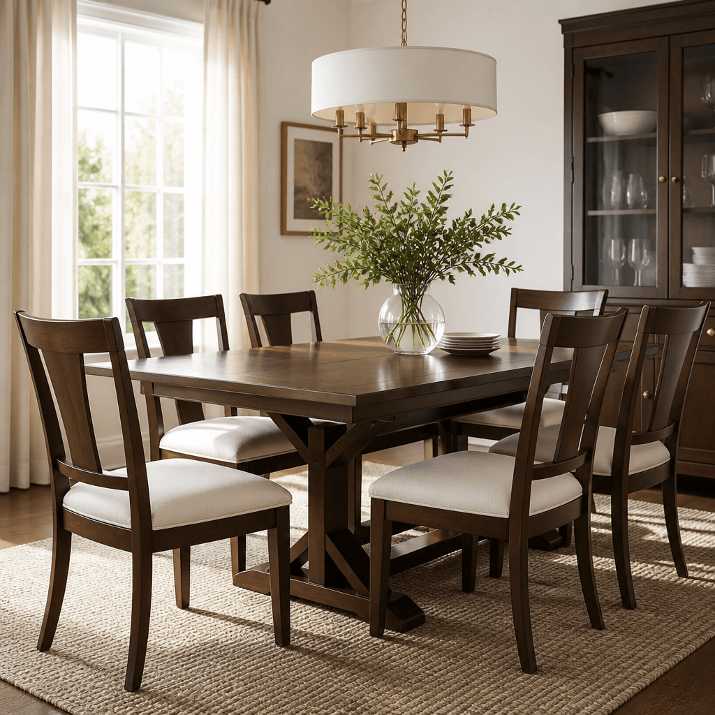 Dining chairs with cream linen seats around a dark wood table