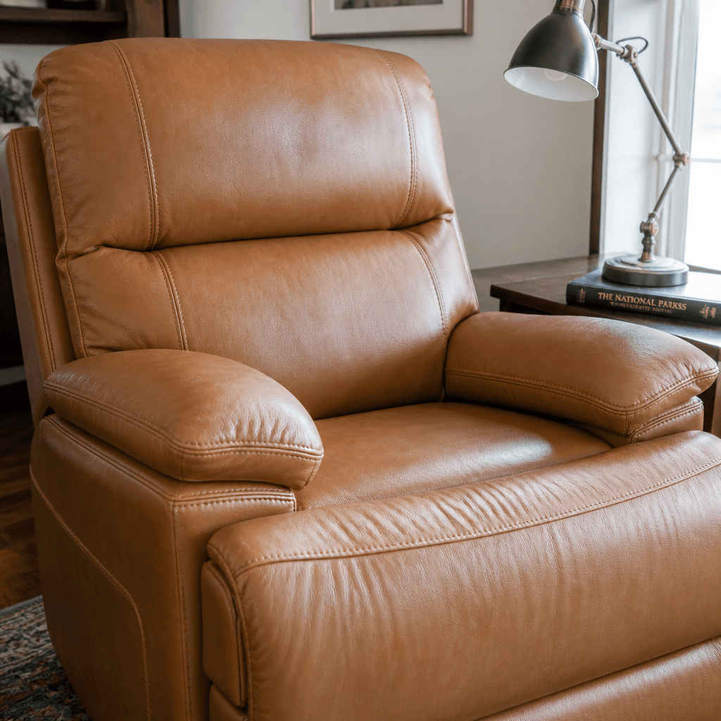 Freshly conditioned tan leather recliner armchair