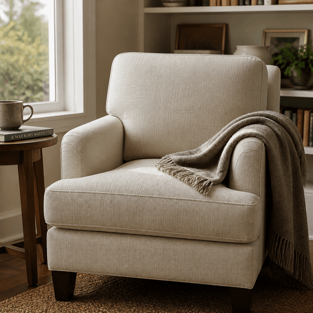 Upholstered linen armchair in a cozy residential reading nook