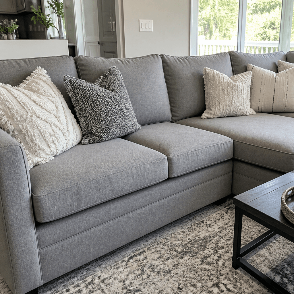 Freshly cleaned large gray fabric sectional sofa with throw pillows