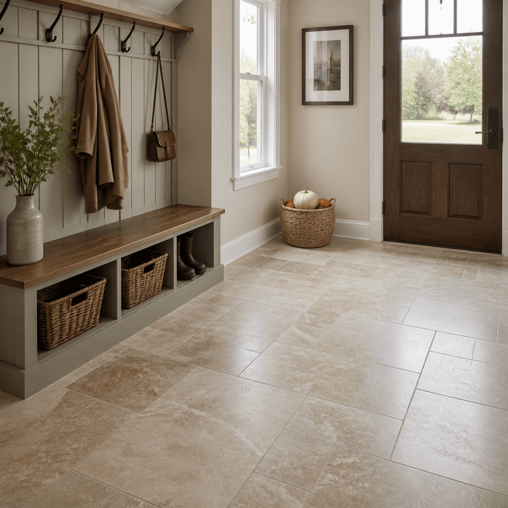 Clean residential entryway with natural-stone tile floor