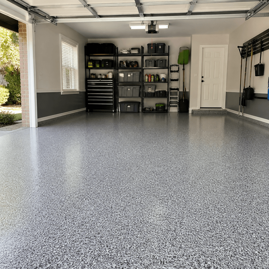 Restored gray epoxy chip garage floor with a subtle gloss