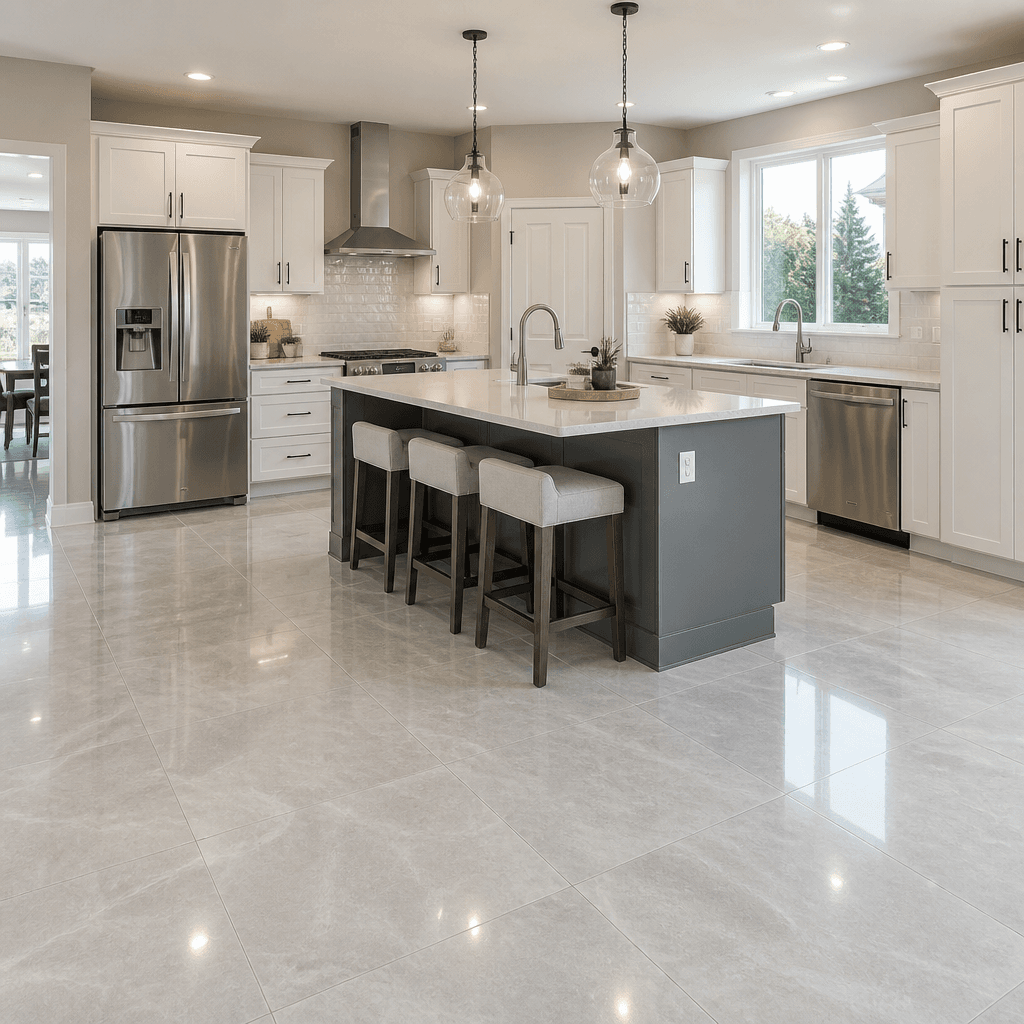 Modern kitchen with spotless light-gray porcelain tile floor