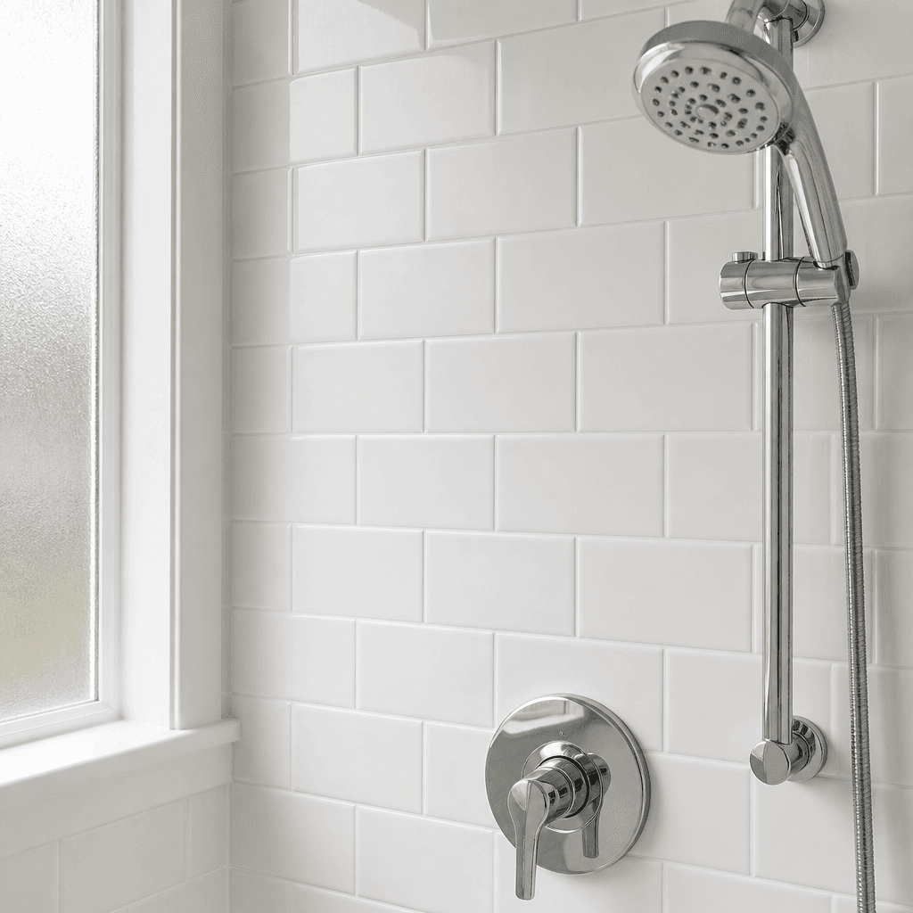 Clean white subway tile shower with bright white grout lines