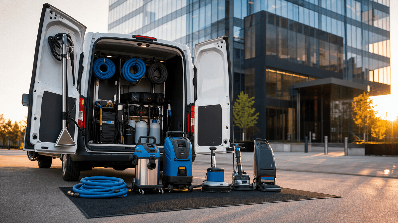 Cleaning service van morning prep outside a modern corporate office at sunrise