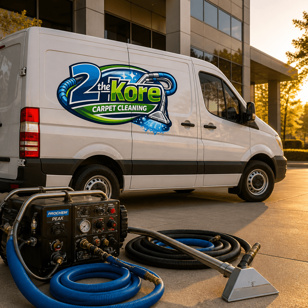 Branded 2theKore service van with truck-mounted extractor at golden hour