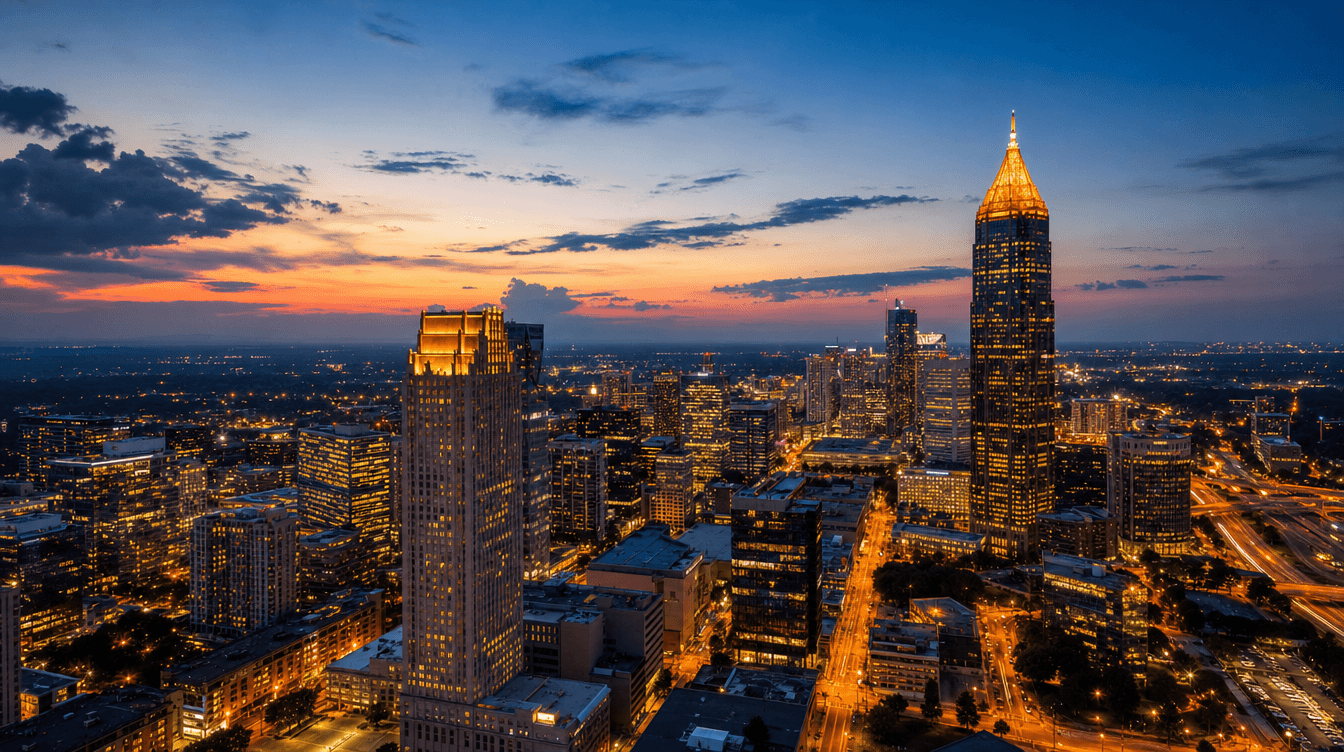 Southeast US business district at dusk