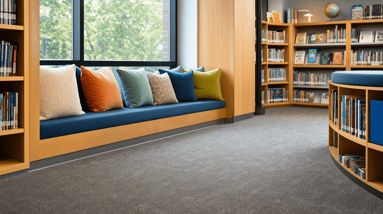 Modern school library reading nook with low-pile carpet